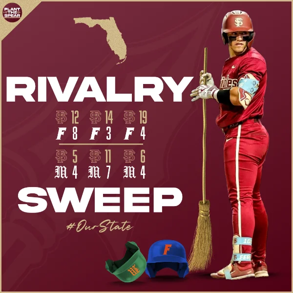 Jaime Ferrer sweeping up Miami and Florida baseball helmets with a broom. and the scores from each game