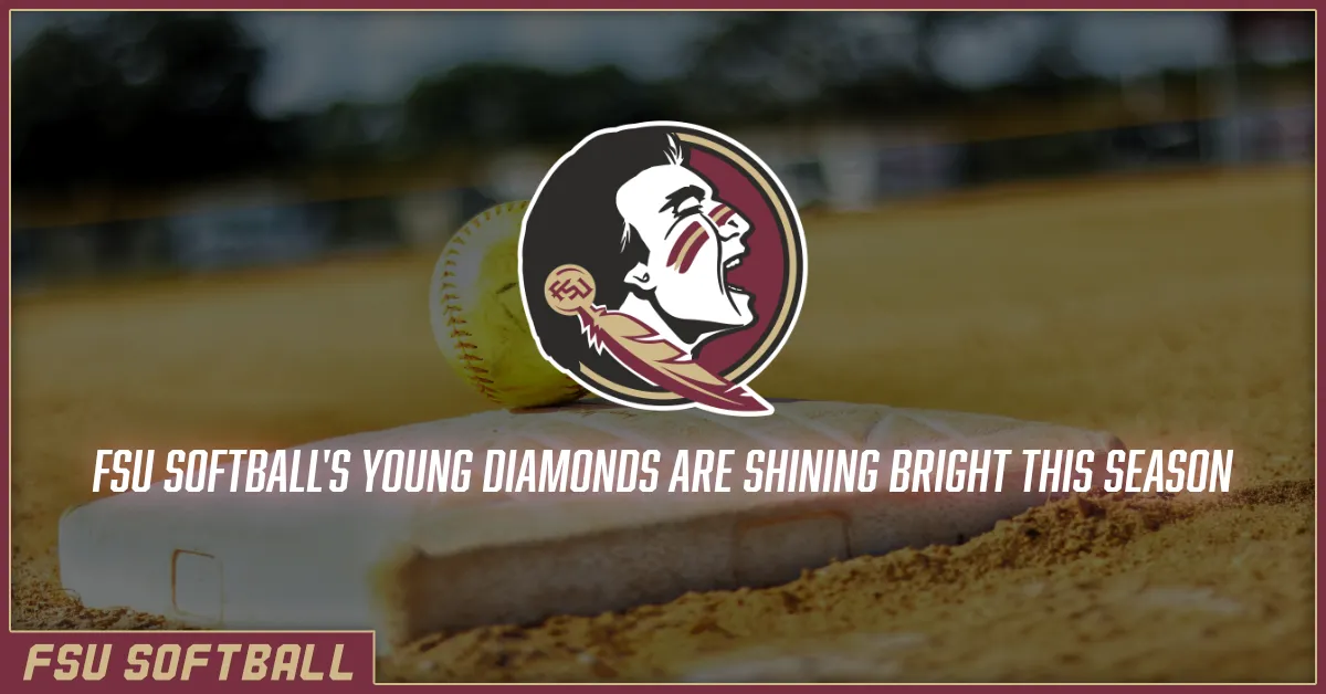 Seminole head logo with article title over background image of softball sitting on a the infield